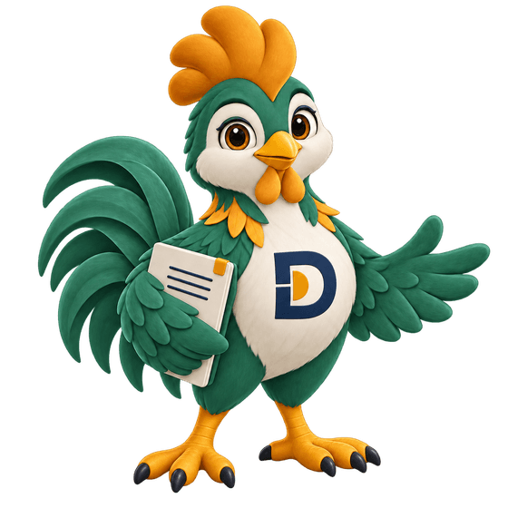 Vowdo rooster holding a work folio