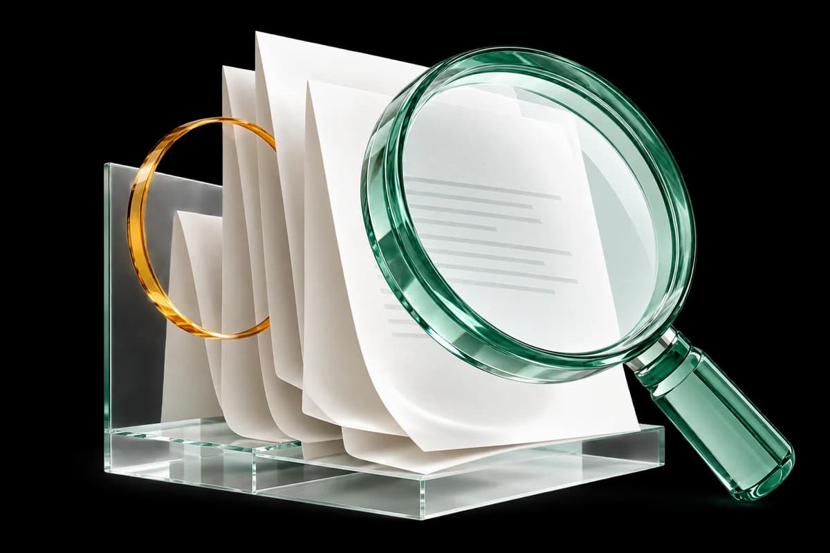 Jade glass lens inspecting white evidence papers beside an amber ring